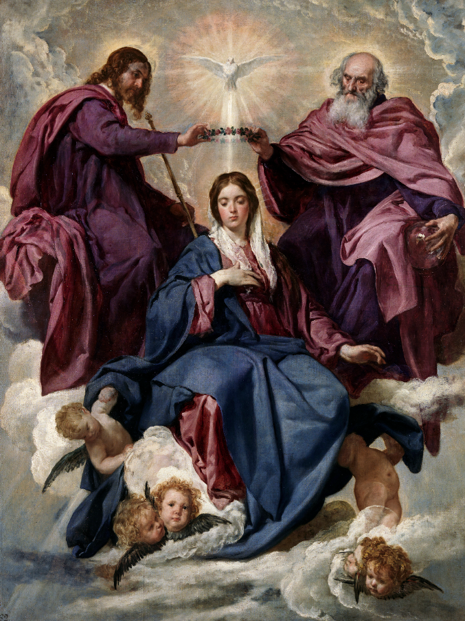 Coroação da Virgem, de Diego Velázquez; Museu do Prado; a obra representa a coroação da Virgem Maria, Mãe de Jesus Cristo, pelas três pessoas da Santísima Trinidade, Pai, Filho e Espírito Santo.